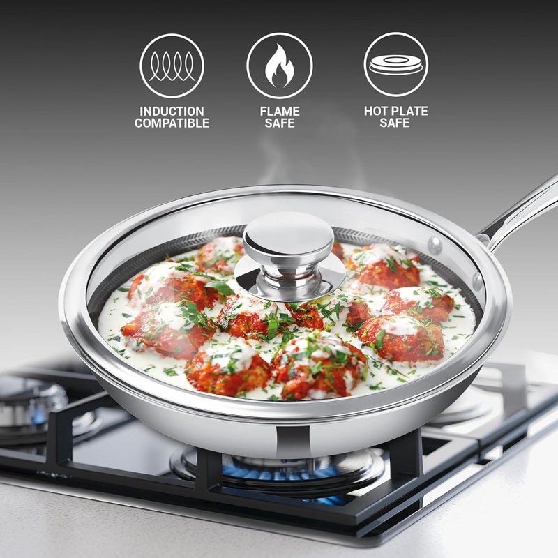 MILTON Pro cook Milton Pro-Cook Fry Pan 24 cm – Triply Hexa Tech Stainless Steel Frying Pan with Glass Lid, Honeycomb Non-Stick Structure, Induction & Gas Compatible, Ideal for Curry & Omelette - Image 2
