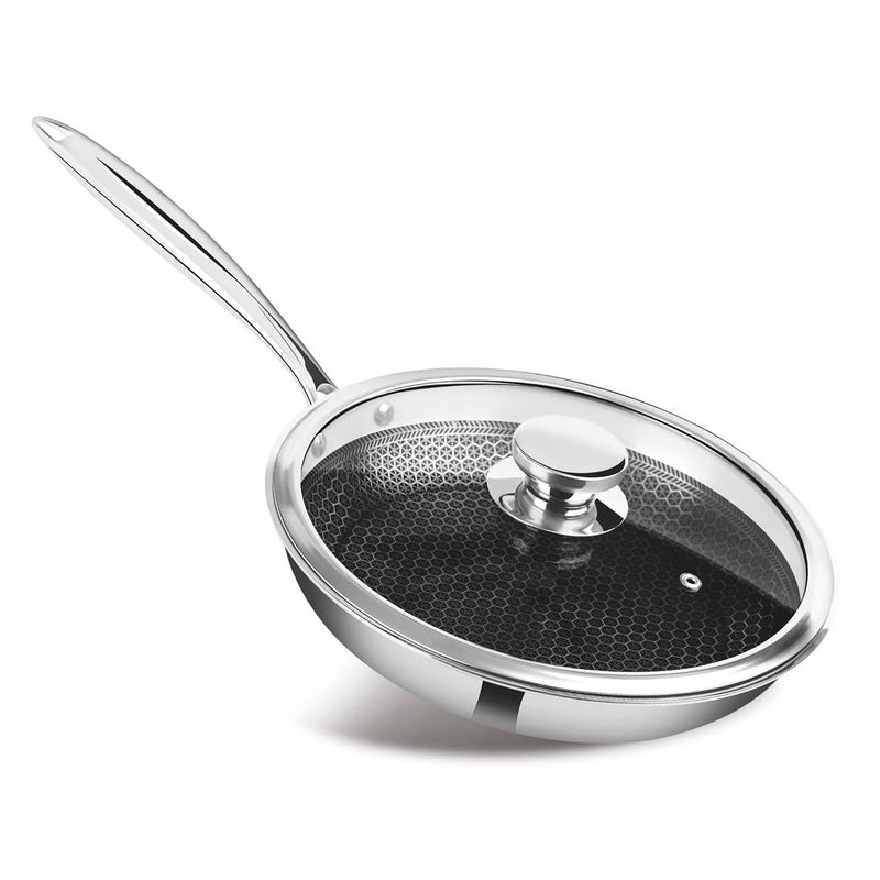 MILTON Pro cook Milton Pro-Cook Fry Pan 24 cm – Triply Hexa Tech Stainless Steel Frying Pan with Glass Lid, Honeycomb Non-Stick Structure, Induction & Gas Compatible, Ideal for Curry & Omelette - Image 1