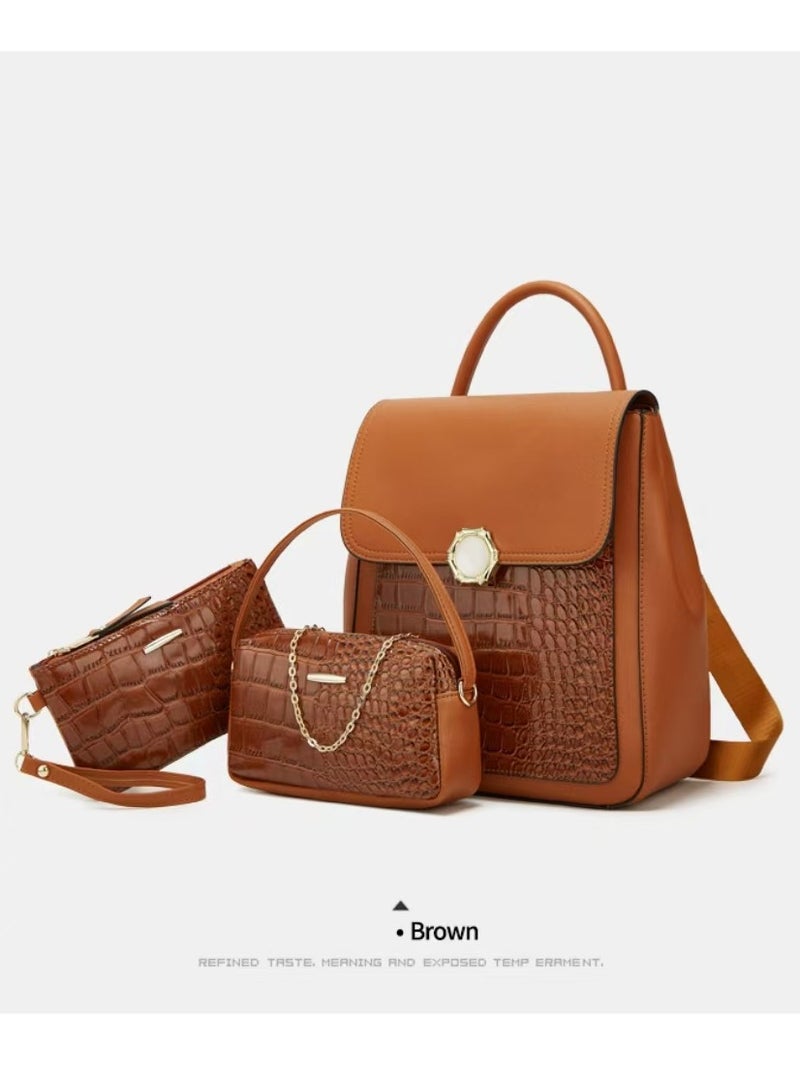 Women's Crocodile Pattern Backpack, Stylish Handbags ,Satchels Purses,Crossbody Bag and clutch, 3 Pcs Set For Women-Brown - Image 1