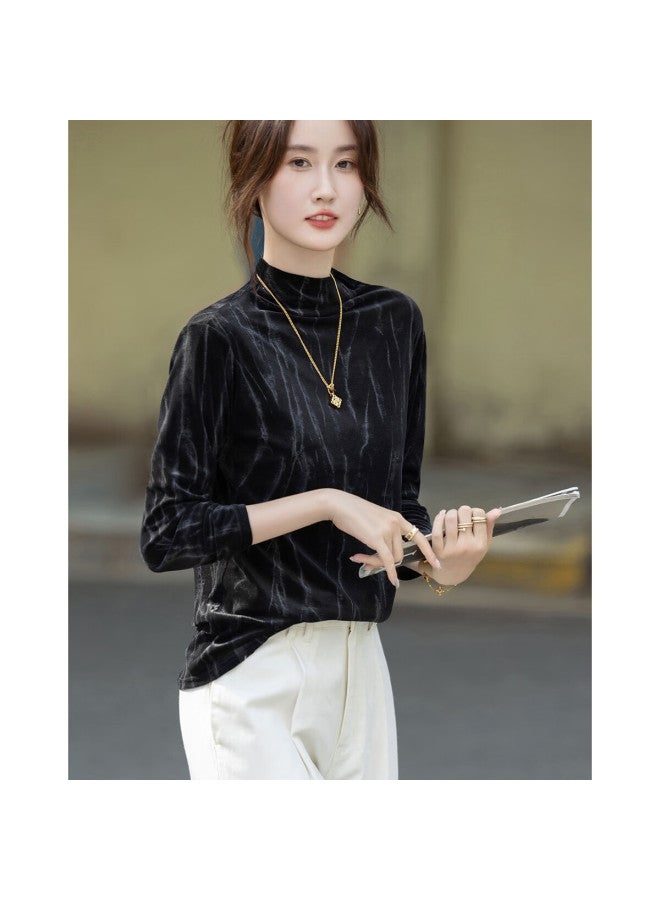 dme Demana Velvet Story Autumn Simple Style Half Turtleneck Long Sleeve Slim Fit Women's T-shirt - Image 1