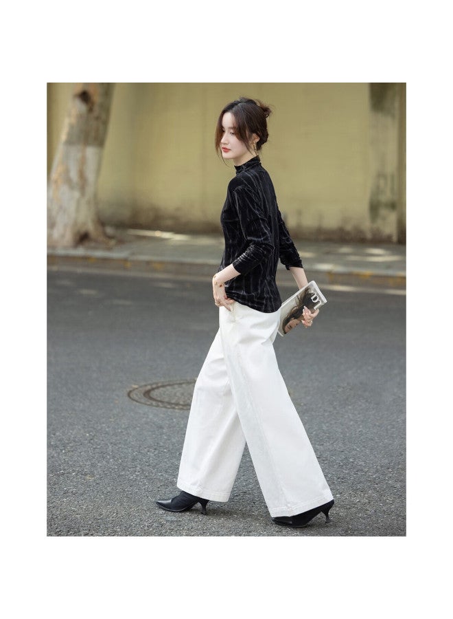 dme Demana Velvet Story Autumn Simple Style Half Turtleneck Long Sleeve Slim Fit Women's T-shirt - Image 3