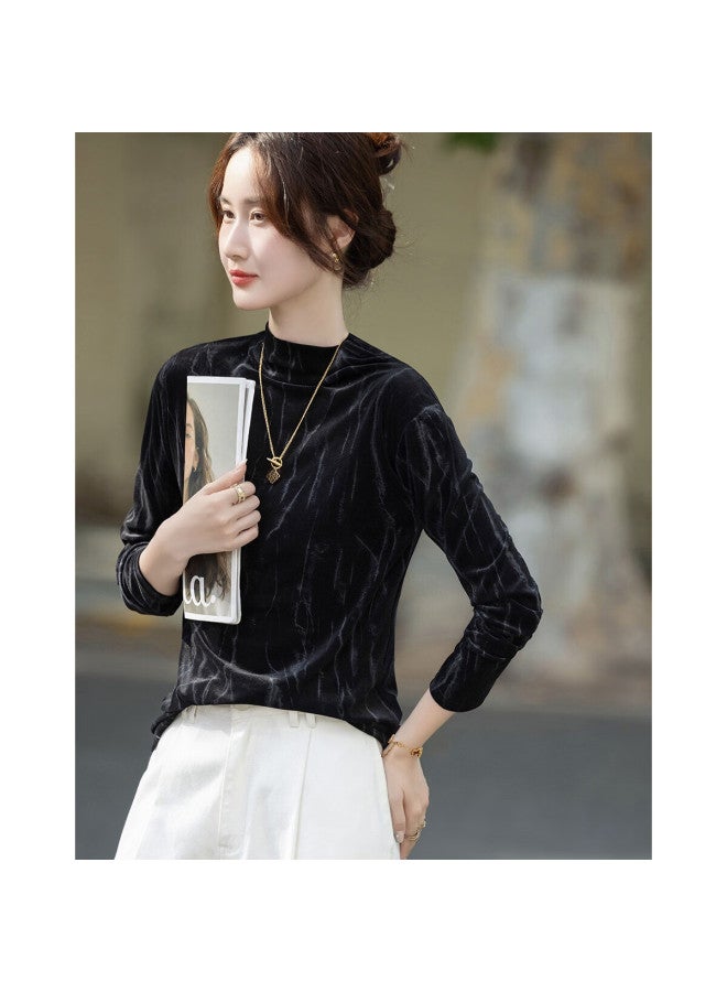 dme Demana Velvet Story Autumn Simple Style Half Turtleneck Long Sleeve Slim Fit Women's T-shirt - Image 2