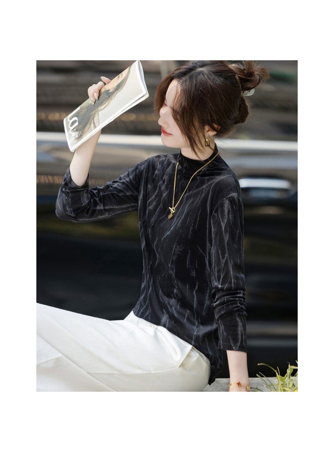 dme Demana Velvet Story Autumn Simple Style Half Turtleneck Long Sleeve Slim Fit Women's T-shirt - Image 5