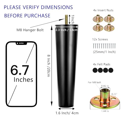 Maricome 8 Inch Furniture Legs Set of 4 Wood Replacement Legs Predrilled M8 Bolt Black Wooden Feet for Chair Couch Sofa Screw in - Image 2