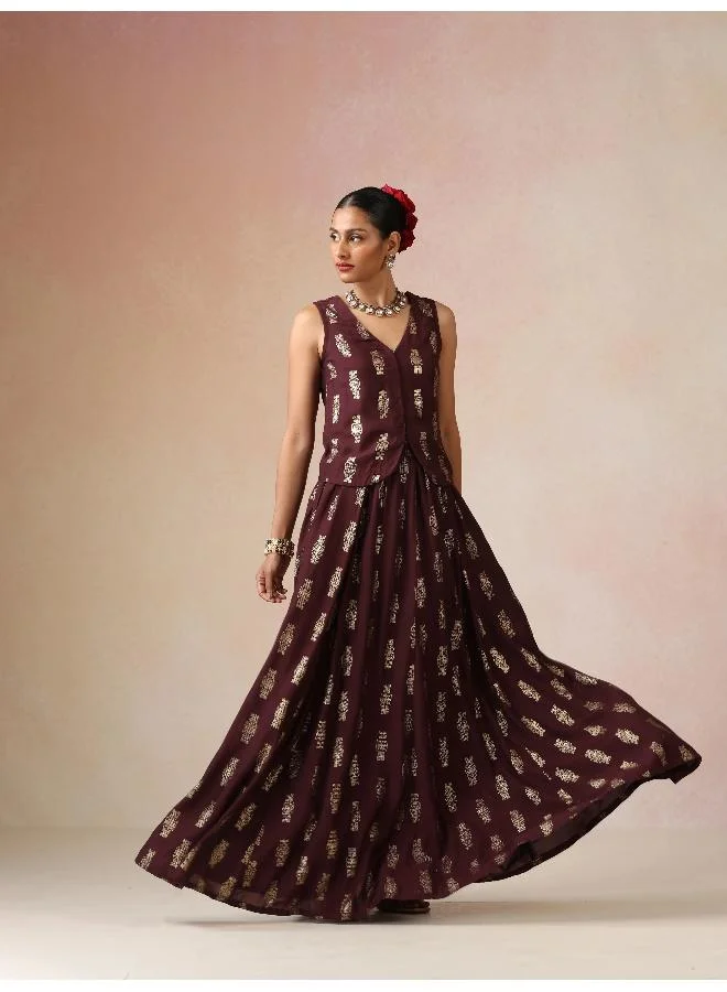 trueBrowns trueBrowns Cola Gold Foil Print Muslin Silk Jacket Skirt Co-ord Set