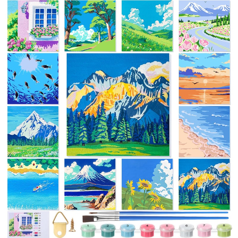 نيزيو مجموعة نيزيو للرسم بالأرقام (12 مجموعة) مع إطار للمبتدئين البالغين، لوحة رسم أكريليك يمكنك صنعها بنفسك لحفلات الرسم، ونشاط صفي، وهدية عيد ميلاد، مقاس 8 × 8 بوصة (مناظر طبيعية). - Image 1