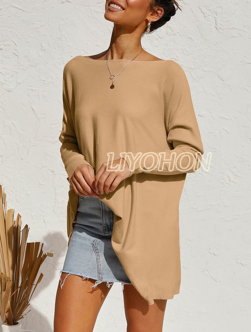 LIYOHON Oversized T Shirts for Women Tunic Tops to Wear with Leggings Long Sleeve Fall Sweaters Dressy Tops Khaki-M - Image 3