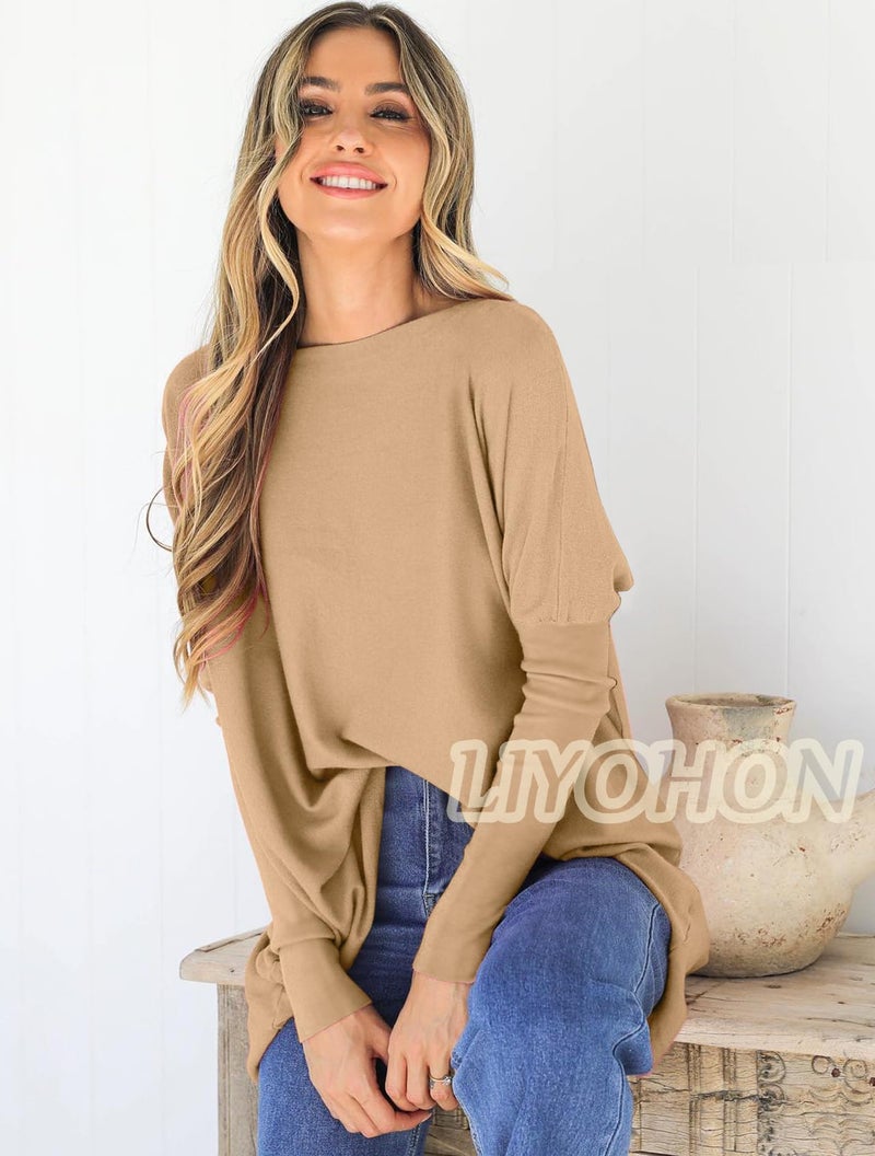 LIYOHON Oversized T Shirts for Women Tunic Tops to Wear with Leggings Long Sleeve Fall Sweaters Dressy Tops Khaki-M - Image 2