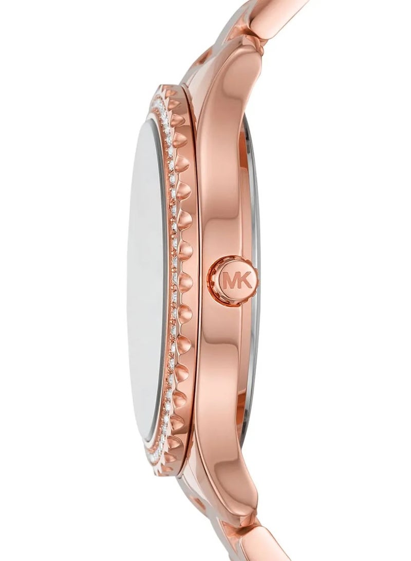 MK Layton Three Hand Red Dial Rose Gold Steel Strap Watch For Women - 6893 - Image 2