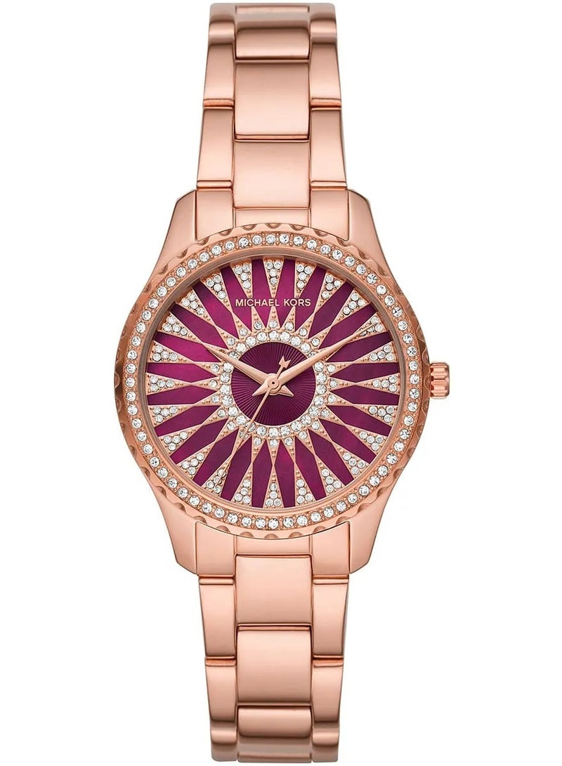 MK Layton Three Hand Red Dial Rose Gold Steel Strap Watch For Women - 6893 - Image 1