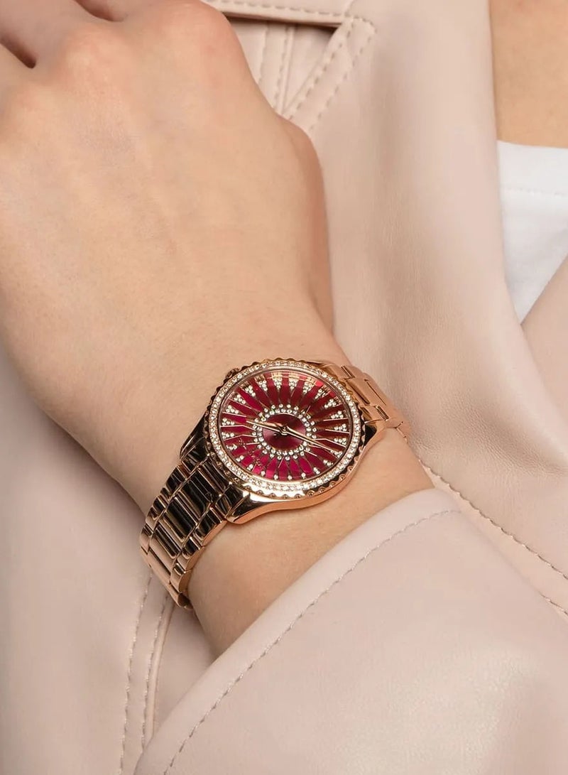 MK Layton Three Hand Red Dial Rose Gold Steel Strap Watch For Women - 6893 - Image 5