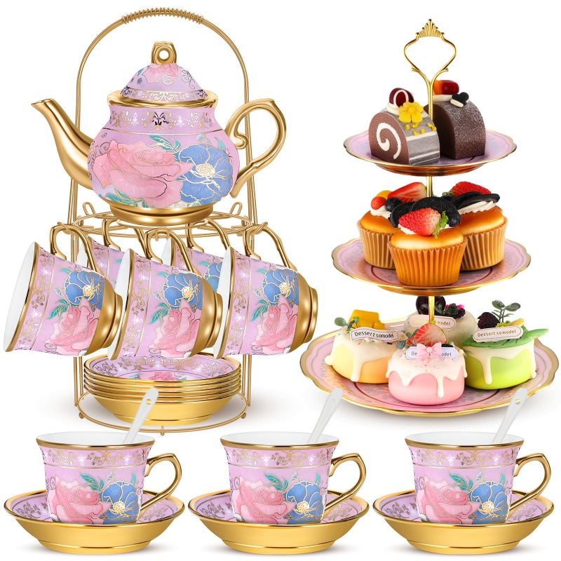 Suttmin 21 Pcs Ceramic Teapot Set Vintage Porcelain Tea Cups with Metal Holder and High Tier Cupcake Stand Saucers for Women Girls Farmhouse European Weddings Party Decor Gifts(Purple,Delicate) - Image 1