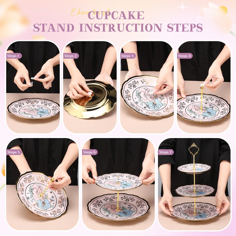 Suttmin 21 Pcs Ceramic Teapot Set Vintage Porcelain Tea Cups with Metal Holder and High Tier Cupcake Stand Saucers for Women Girls Farmhouse European Weddings Party Decor Gifts(Purple,Delicate) - Image 5