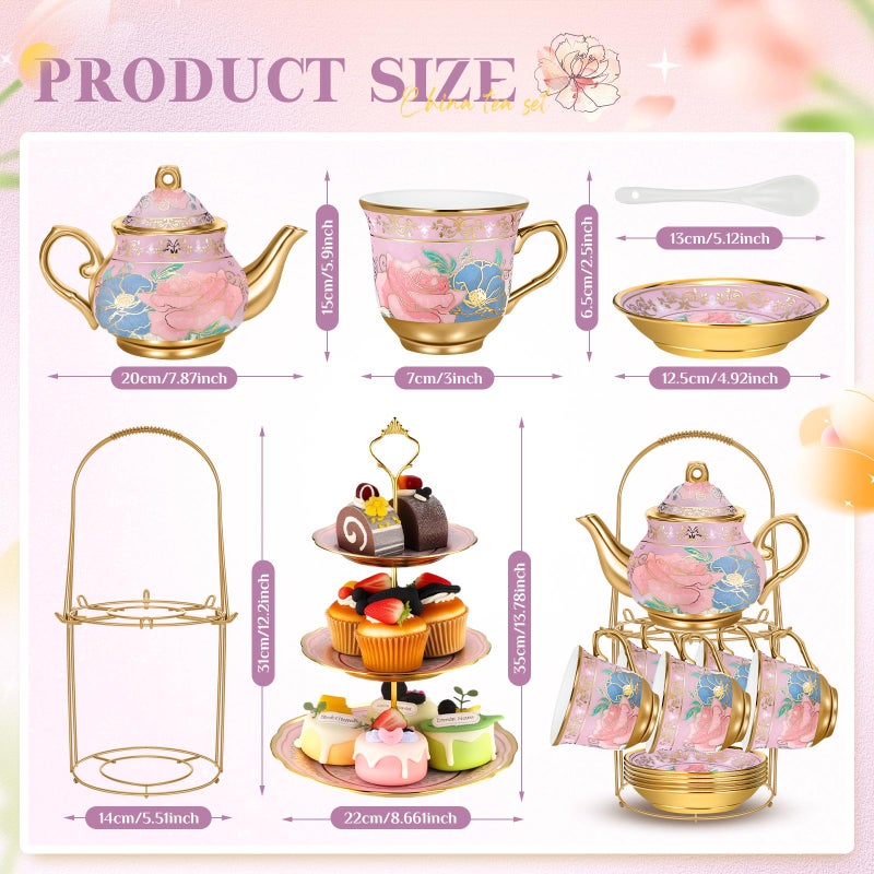 Suttmin 21 Pcs Ceramic Teapot Set Vintage Porcelain Tea Cups with Metal Holder and High Tier Cupcake Stand Saucers for Women Girls Farmhouse European Weddings Party Decor Gifts(Purple,Delicate) - Image 2