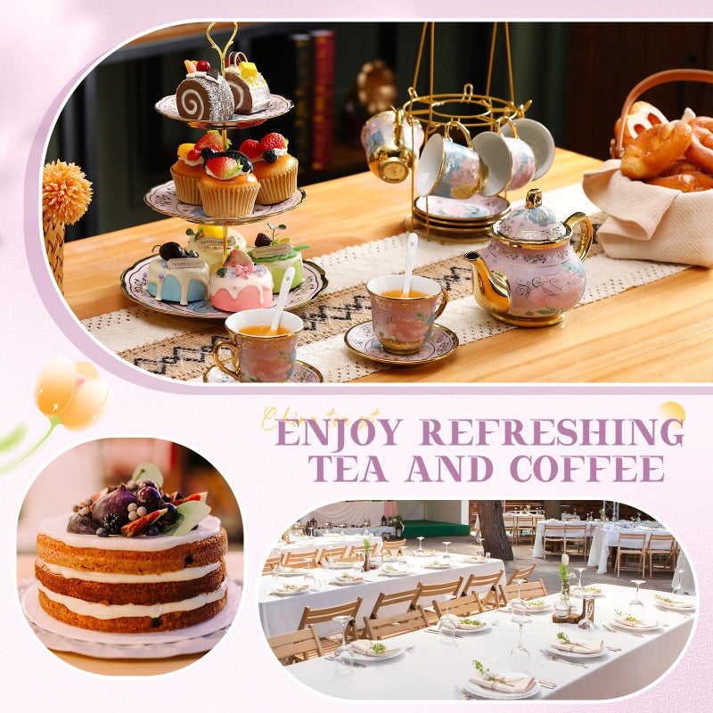 Suttmin 21 Pcs Ceramic Teapot Set Vintage Porcelain Tea Cups with Metal Holder and High Tier Cupcake Stand Saucers for Women Girls Farmhouse European Weddings Party Decor Gifts(Purple,Delicate) - Image 3