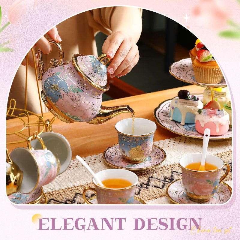 Suttmin 21 Pcs Ceramic Teapot Set Vintage Porcelain Tea Cups with Metal Holder and High Tier Cupcake Stand Saucers for Women Girls Farmhouse European Weddings Party Decor Gifts(Purple,Delicate) - Image 4