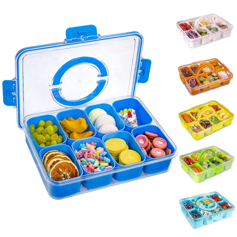 WACOI Divided Snack Serving Tray with Lid and Handle Travel Snackle Charcuterie Container Portable Storage Organizer for Candy, Fruits, Nuts, Snacks, Party, Picnic (1pack, Cerulean) - Image 1