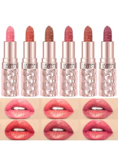 Ushas USHAS 6pc Diamond Shimmer Lipstick Set - Dark Red Pink Purple Mauve Glitter Sparkly Glossy Metallic Sparkle Waterproof Lipstick for Women (6 Count (01-06), Pack of 1) 