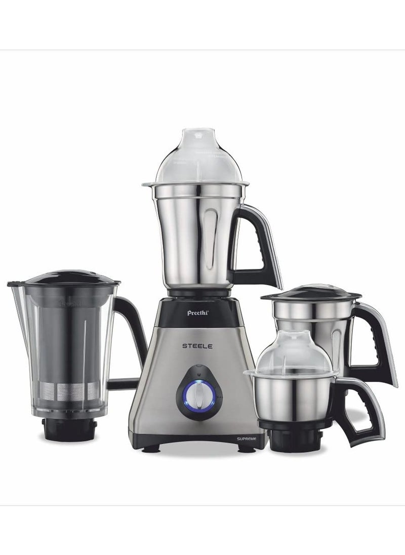 ماركة غير محددة Preethi Steel Supreme MG-208 mixer grinder, 750 watt (Silver/ Black), 4 jars - Super Extractor juicer Jar, Vega W5 motor with 5yr Warranty & Lifelong Free Service  - Image 1