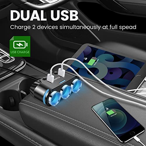 YANTU Cigarette Lighter Adapter & Splitter with 150W 3-Sockets & LED Ambient Lighting, Dual USB Fast Charging Car Outlet 12V, Car Cigarette Lighter Socket Plug Extension for Vehicles - Image 2