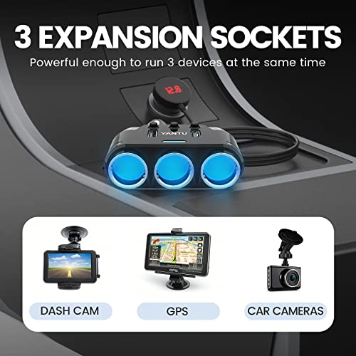 YANTU Cigarette Lighter Adapter & Splitter with 150W 3-Sockets & LED Ambient Lighting, Dual USB Fast Charging Car Outlet 12V, Car Cigarette Lighter Socket Plug Extension for Vehicles - Image 3