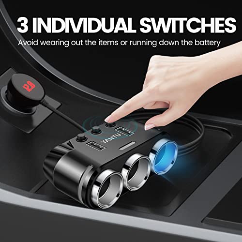 YANTU Cigarette Lighter Adapter & Splitter with 150W 3-Sockets & LED Ambient Lighting, Dual USB Fast Charging Car Outlet 12V, Car Cigarette Lighter Socket Plug Extension for Vehicles - Image 4