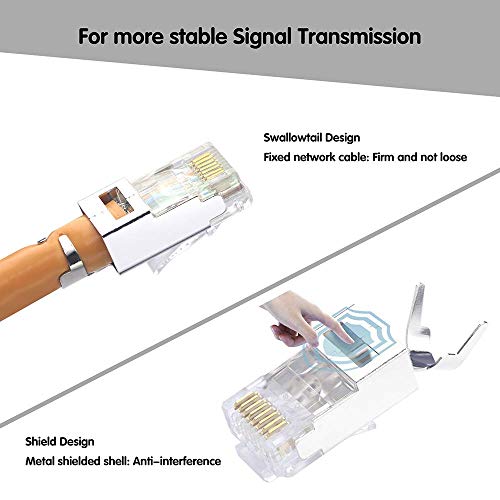 VCELINK CAT6A Connector, RJ45 Connectors Pass Through CAT6A CAT7 Shielded, UL-Listed 3-Prong Gold Plated, CAT7 Connector with Strain Relief Boots (RJ45 Connector-Transparent, Orange, 30-Pack) - Image 5