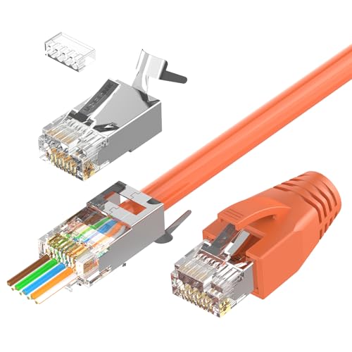VCELINK CAT6A Connector, RJ45 Connectors Pass Through CAT6A CAT7 Shielded, UL-Listed 3-Prong Gold Plated, CAT7 Connector with Strain Relief Boots (RJ45 Connector-Transparent, Orange, 30-Pack) - Image 1
