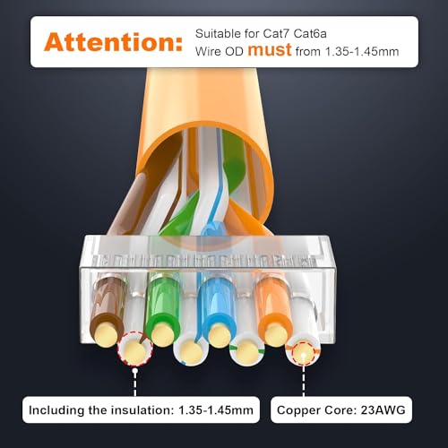 VCELINK CAT6A Connector, RJ45 Connectors Pass Through CAT6A CAT7 Shielded, UL-Listed 3-Prong Gold Plated, CAT7 Connector with Strain Relief Boots (RJ45 Connector-Transparent, Orange, 30-Pack) - Image 3