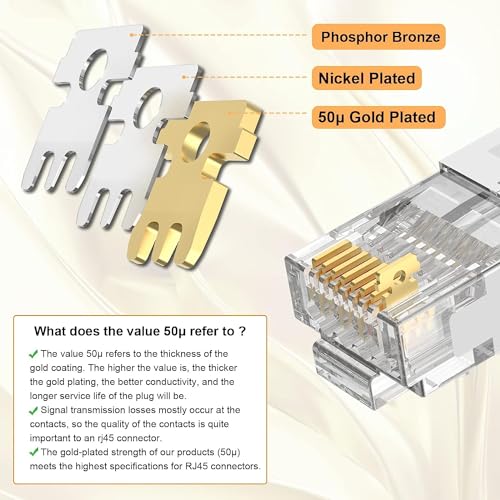 VCELINK CAT6A Connector, RJ45 Connectors Pass Through CAT6A CAT7 Shielded, UL-Listed 3-Prong Gold Plated, CAT7 Connector with Strain Relief Boots (RJ45 Connector-Transparent, Orange, 30-Pack) - Image 2