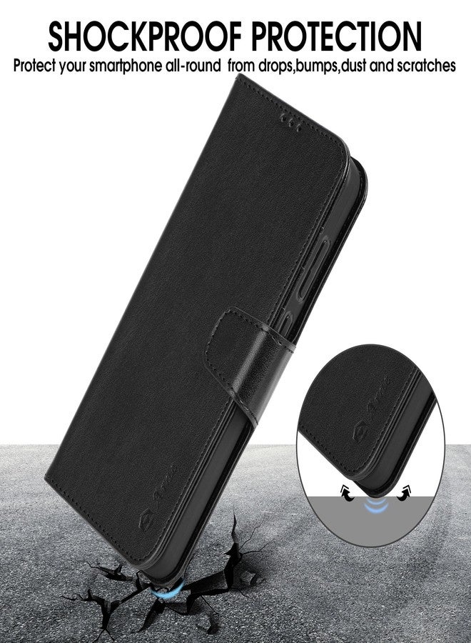 Arae Galaxy S24 5G Wallet Case Flip Cover with Card Holder, Faux Leather Case for Women and Men, Kickstand, Wristlet Strap, Black - Image 3