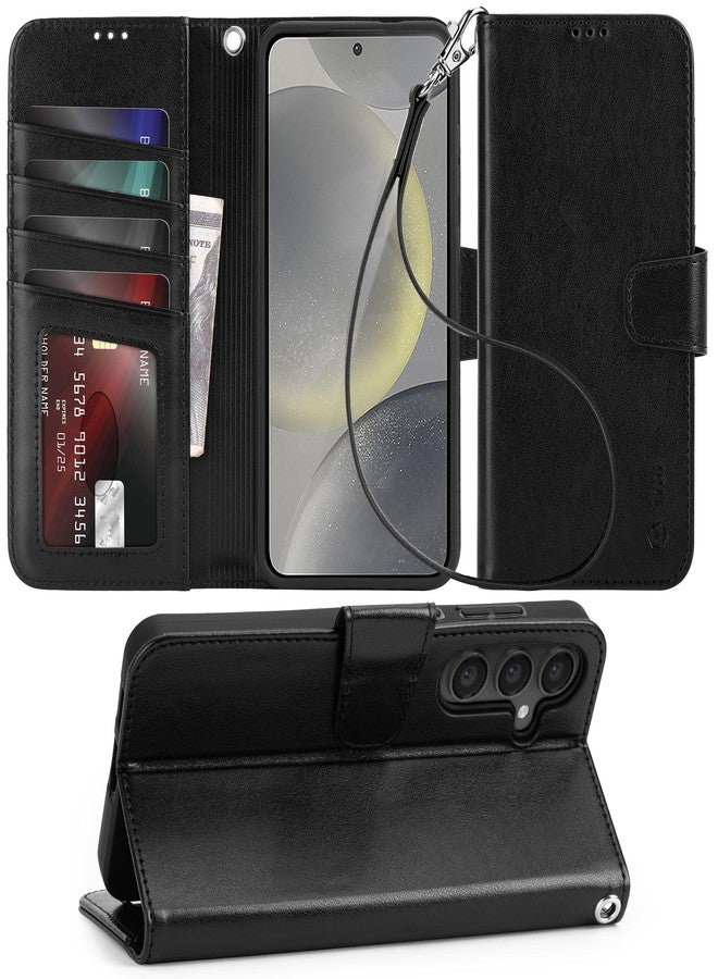 Arae Galaxy S24 5G Wallet Case Flip Cover with Card Holder, Faux Leather Case for Women and Men, Kickstand, Wristlet Strap, Black - Image 1