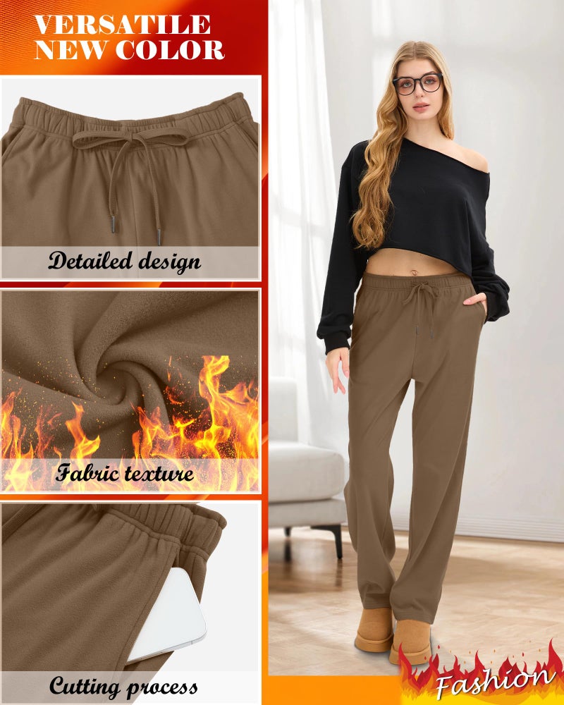 Yearntown 3 Pack Women's Fleece Wide Leg Sweatpants Thermal Baggy Athletic Pants Drawstring Lounge Pants with Pockets(Apricot, Khaki, Black,Large) - Image 3