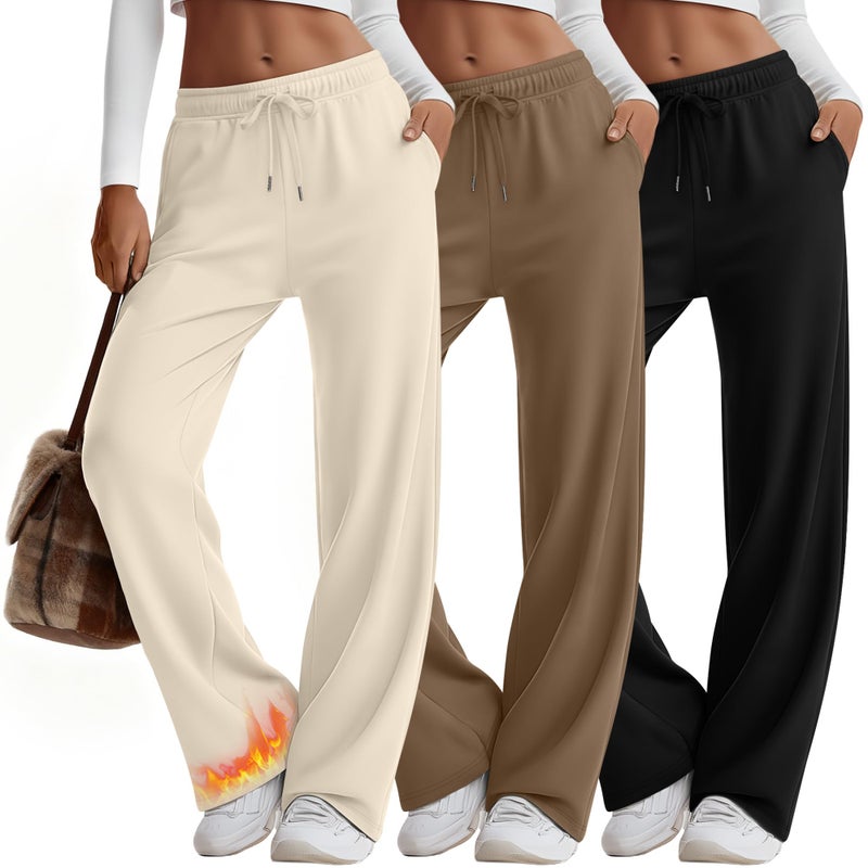 Yearntown 3 Pack Women's Fleece Wide Leg Sweatpants Thermal Baggy Athletic Pants Drawstring Lounge Pants with Pockets(Apricot, Khaki, Black,Large) - Image 1