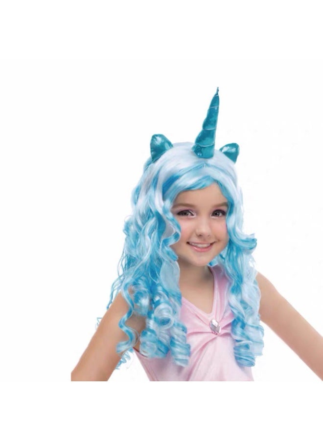 Generic Christmas Halloween Womens Dance Cosplay Princess Cute Unicorn Colorful Rainbow Tail Childrens Wig Pre-Lace Hair Cover Blue Unicorn Curls