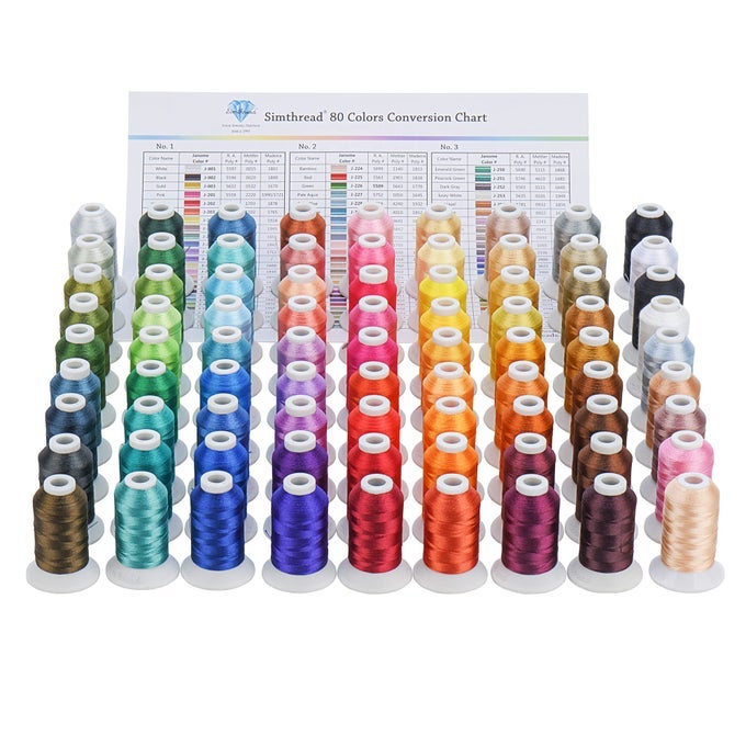 POLYESTER EMBROIDERY THREAD 80 SPOOLS EMBROIDERY MACHINE THREADS 500M 550Y EACH THREAD SPOOL COLORS COMPATIBLE WITH JANOME ROBISONANTON COLORS COLOR CARD CONTAINED IN BOX