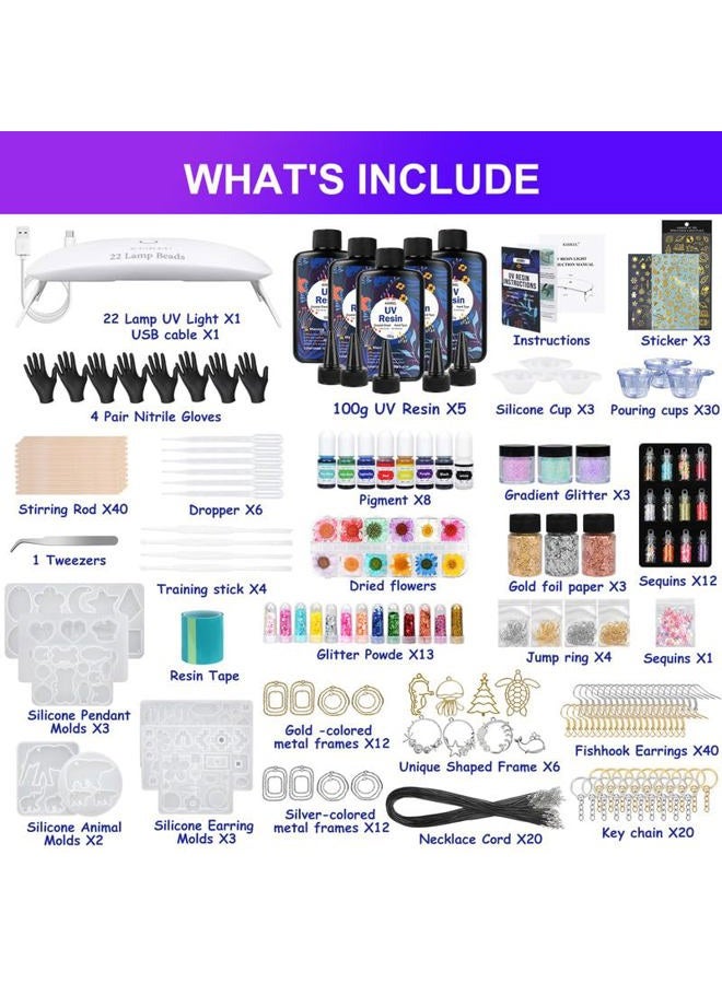 KISREL UV Resin Jewelry Making Kit - 500g Crystal Clear UV Resin with Light and Jewelry Molds, Fast Curing for Keychains, Earring Making, DIY Craft Decorations - Image 2