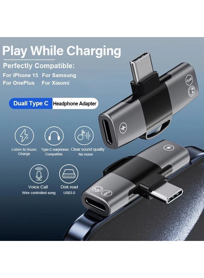شاحن سريع USB C PD بقوة 15 واط فضي ومحول مقسم صوت AUX مع منفذ مزدوج وصوت هاي فاي - Image 4