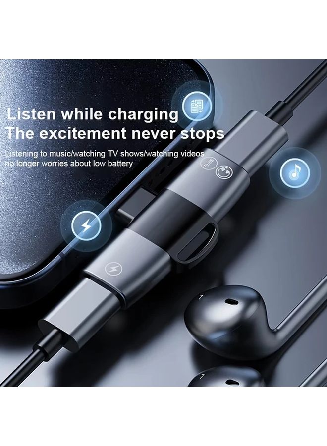 شاحن سريع USB C PD بقوة 15 واط فضي ومحول مقسم صوت AUX مع منفذ مزدوج وصوت هاي فاي - Image 3