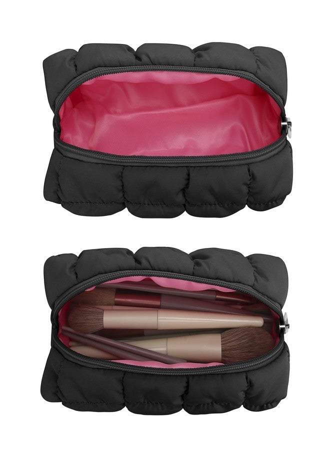 E-Tree Makeup Brush Bag Small Make up Pouch for Purse Quilted Cotton Cute Travel Size Toiletry Cosmetic Case Holder Organizer (Black) - Image 3