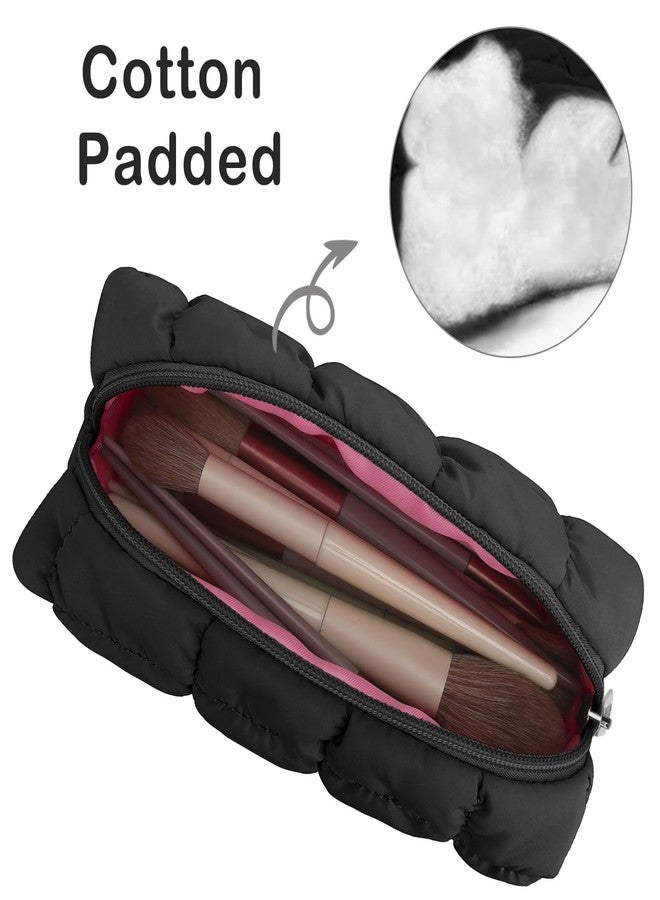 E-Tree Makeup Brush Bag Small Make up Pouch for Purse Quilted Cotton Cute Travel Size Toiletry Cosmetic Case Holder Organizer (Black) - Image 4