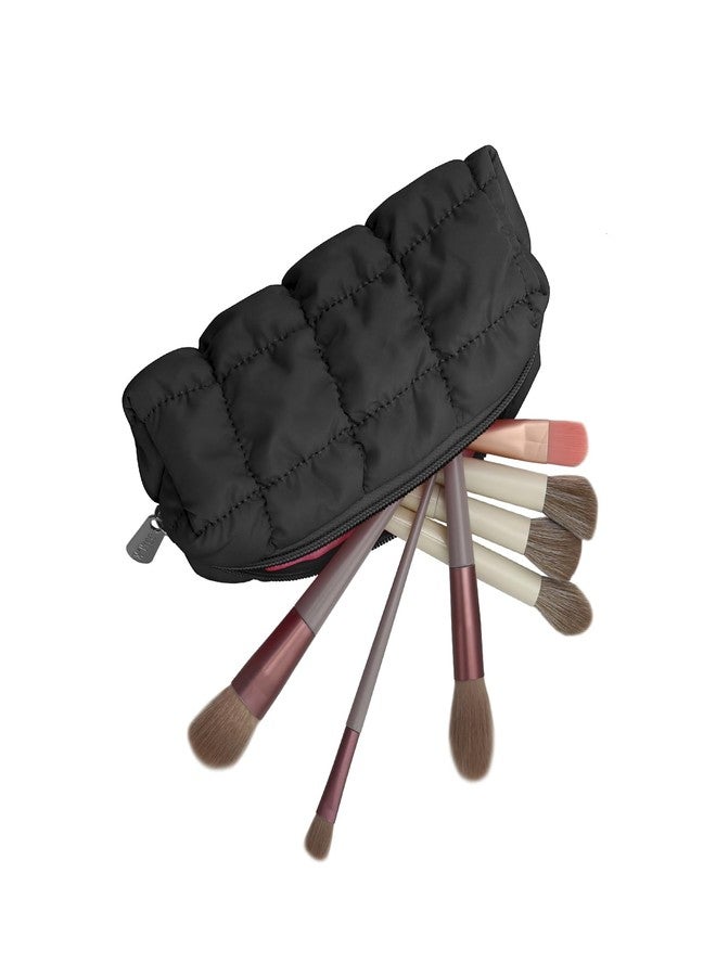 E-Tree Makeup Brush Bag Small Make up Pouch for Purse Quilted Cotton Cute Travel Size Toiletry Cosmetic Case Holder Organizer (Black) - Image 1