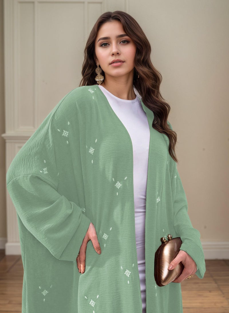 Saraia عباءة خضراء نعناعية أنيقة مع تطريز دقيق - Image 2
