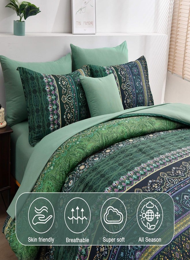 Cottolester Boho Green Comforter Set Queen Size,8 Piece Bed in a Bag Bohemian Striped Bedding Quilt Set,Dark green Paisley Floral Comforter and Sheet Set,Soft Microfiber Complete Bedding Sets for All Season - Image 3
