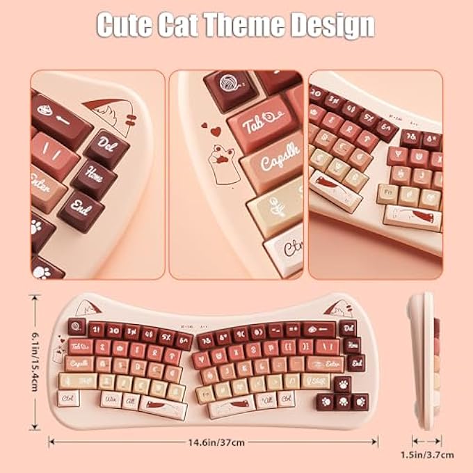 rayihni BOW AESTHETIC ERGONOMIC KEYBOARD CUTE CAT ALICE KEYBOARD TRI-MODE WIRELESS 2.4G/BLUETOOTH 5.0/WIRED USB-C RECHARGEABLE COMPACT 68-KEY FOR MULTI-DEVICE, WIN/MAC/PC/LAPTOP, MACCHIATO - Image 3