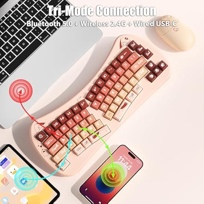 rayihni BOW AESTHETIC ERGONOMIC KEYBOARD CUTE CAT ALICE KEYBOARD TRI-MODE WIRELESS 2.4G/BLUETOOTH 5.0/WIRED USB-C RECHARGEABLE COMPACT 68-KEY FOR MULTI-DEVICE, WIN/MAC/PC/LAPTOP, MACCHIATO - Image 2
