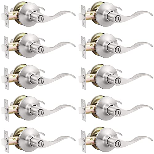 GOBEKOR 10 Pack Privacy Door Levers Bedroom Door Handle with Lock Satin Nickel Interior Door Handles Keyless Door Lock Wave Bed/Bath Lever - Image 1