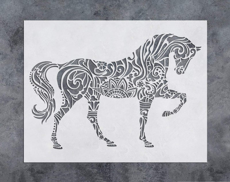 قالب زخرفة الحائط على شكل حصان من GSS Designs  قالب حصان ماندالا 12x16 بوصة  قالب رسم مقطوع بالليزر  قوالب للأرضيات والجدران والأقمشة والخشب قابلة لإعادة الاستخدام لنقل الملصقاتSL022