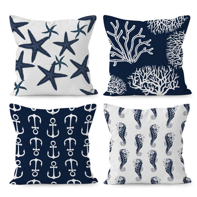 NAVY BLUE NAUTICAL OCEAN STARFISH CORAL SEAHORSE ANCHOR THROW PILLOW COVERS OCEAN NAUTICAL GIFTS SEA ANIMAL PILLOW CASES 18 X 18 INCH HOME SHIP SOFA DECOR SET OF 4