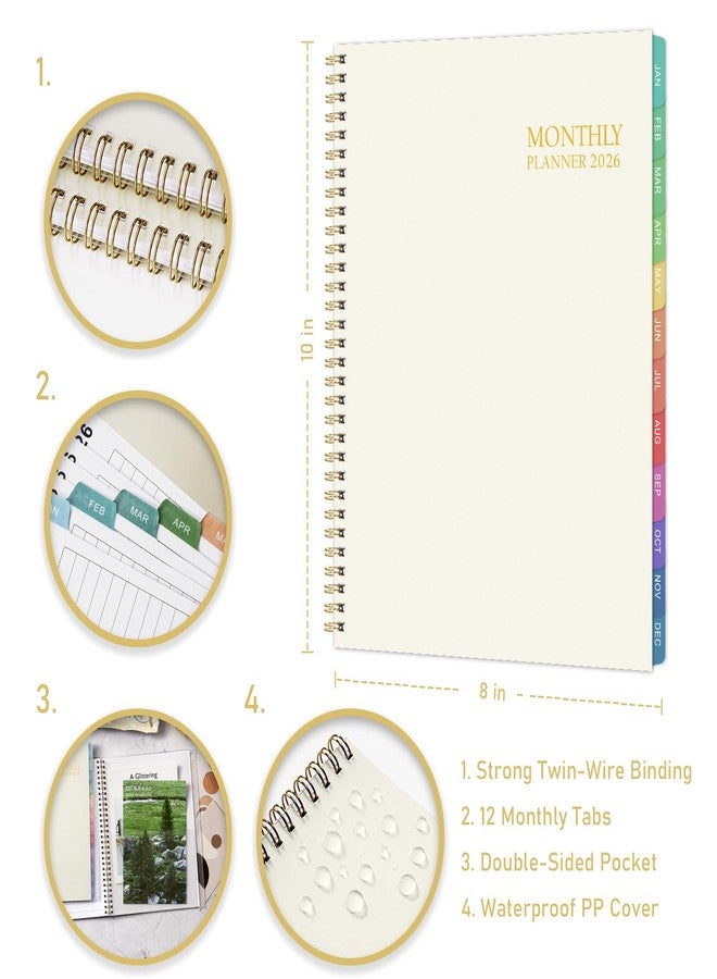 Tersus 2026 Monthly Planner - Monthly Calendar 2026, 8'' x 10'', Transparent PP Cover, Colorful 12 Months Tabs, JAN 2026-DEC 2026, 2026 Calendar Planner with 2-Sides Pockets - Off white - Image 4